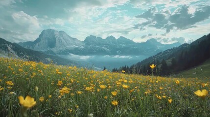 Fototapeta premium A meadow of yellow flowers with majestic mountains in the background