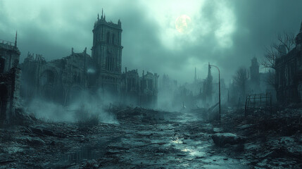 Fototapeta premium The desolate ruins of a city destroyed by war form the haunting background of a post-apocalyptic game.