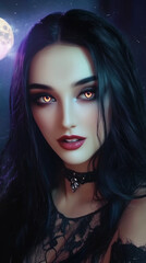 Fototapeta premium Woman With Fiery Golden Eyes Under Moonlit Sky Fantasy Portrait