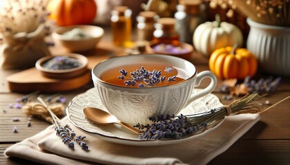 A white ceramic cup filled with a lavender-infused beverage sits on a matching saucer, accompanied by a spoon and scattered lavender buds. In the background, there are decorative pumpkins, bottles, an