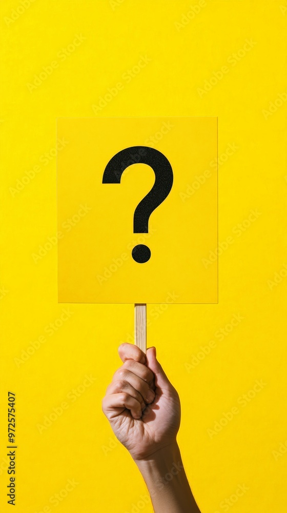 Poster hand holding a sign with a question mark on a bright yellow background representing inquiry, curiosi