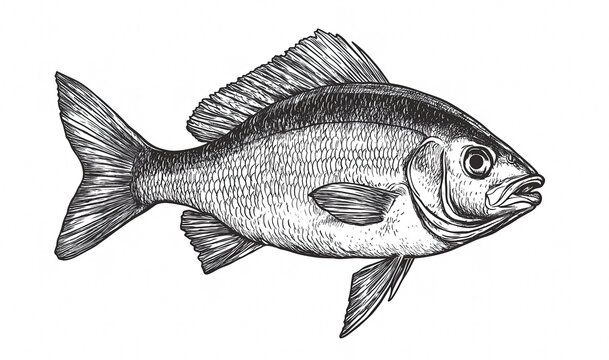 Fish sketch dorado gilt-head bream. Vintage retro print, black white gilt-head bream fish sketch ink pencil style drawing, linear drawing, engrave old school. Sketch artwork dorado fish. Illustration