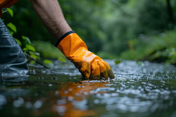 Ecologist activist volunteer with hand in orange protective waterproof glove cleans river, close up. Performs water cleanup actions. Concept of environmental conservation efforts