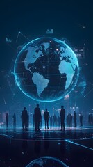 A digital globe with global business icons and figures, representing the international reach of corporate law services.