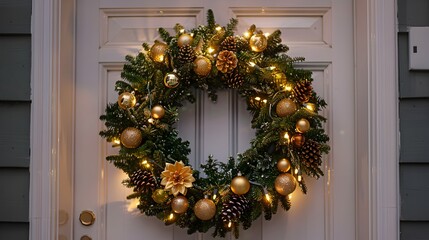 Illuminated Christmas Wreath with Gold Ornaments on White Door - Generative AI