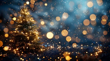 Christmas Tree with Sparkling Bokeh Lights in Snowy Night - Generative AI