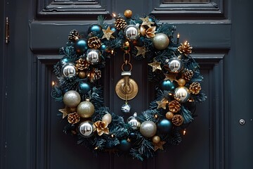 Elegant Christmas Wreath with Gold and Blue Ornaments on Dark Door - Generative AI