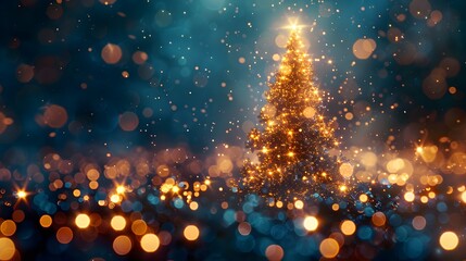 Illuminated Christmas Tree with Golden Bokeh Lights in Snow - Generative AI