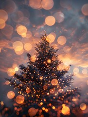 Christmas Tree with Glowing Bokeh Lights at Dusk - Generative AI