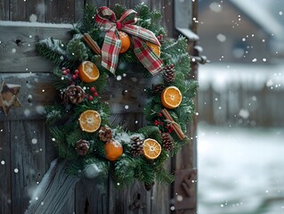 Christmas Wreath with Oranges and Pinecones Hanging in Snow - Generative AI