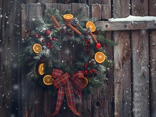 Rustic Christmas Wreath with Oranges and Cinnamon Hanging on Wooden Fence - Generative AI