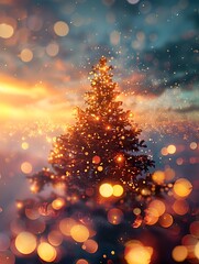 Beautifully Lit Christmas Tree at Sunset with Bokeh Lights - Generative AI