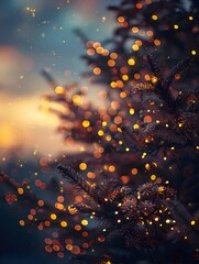 Christmas Tree Branches with Warm Bokeh Lights at Dusk - Generative AI