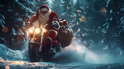 Santa Claus Riding a Motorcycle Through a Snowy Forest at Night - Generative AI
