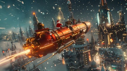Santa Flying a Futuristic Sleigh Over a Snowy City - Generative AI