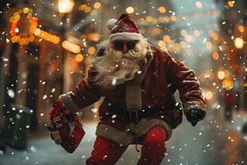Santa Claus Running Through Snowy Streets with Gifts - Generative AI