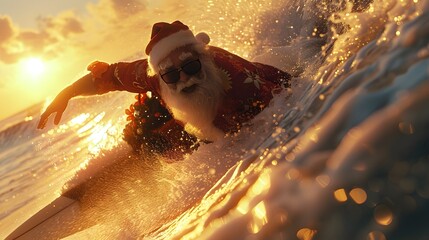 Santa Claus Surfing at Sunset with Presents - Generative AI