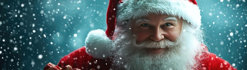 Joyful Santa Claus in a snowy scene, spreading holiday cheer and magic with a warm smile, perfect for Christmas celebrations.