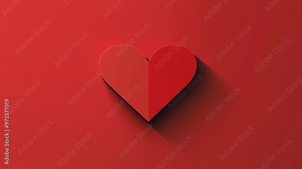 Poster a single red heart with a long shadow on a red background.