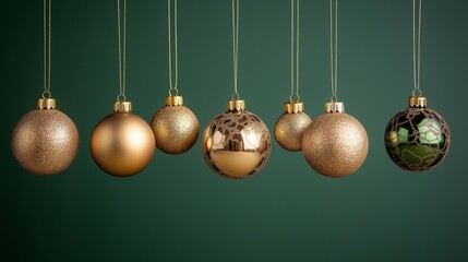 A row of Christmas ornaments hanging from the ceiling. The ornaments are gold and green