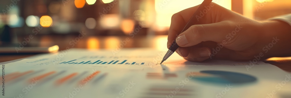 Poster close-up of a hand analyzing financial data on a paper with blurred background lights in a modern of