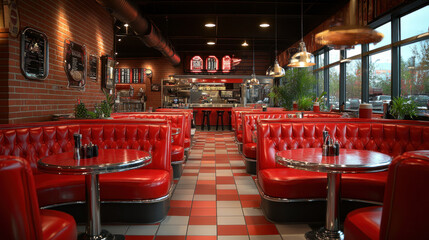 The retro background shows bright red booths and chrome accents, capturing the nostalgic 1950s vibe.
