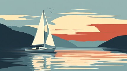 Fototapeta premium A sailboat glides across calm water with mountains in the background, the sky is a vibrant sunset.