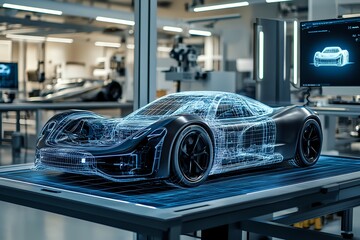 A futuristic car design, with a glowing blue wireframe on a digital table.