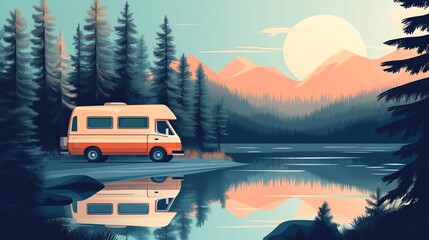 A vintage camper van sits by a serene lake in a mountainous landscape.
