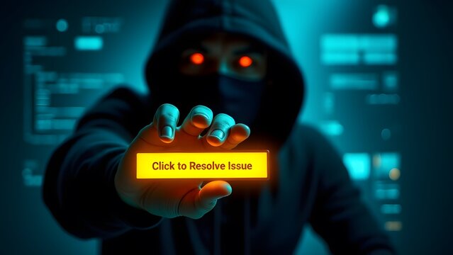A hooded figure offers a glowing "Click to Resolve Issue" button, symbolizing a potential phishing scam or cyber threat