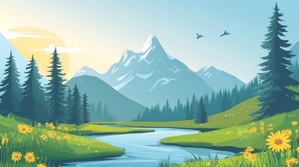 A beautiful illustration of a mountain landscape with a river winding through a green field.
