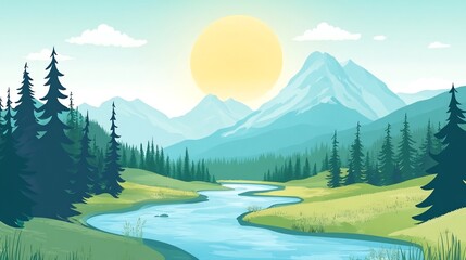 A beautiful mountain landscape with a river flowing through a green valley.