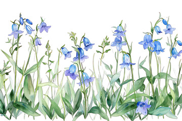 Watercolor Field of Bluebells and Green Leaves on Transparent Background PNG