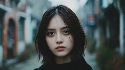 Obraz premium Young Chinese Model Quaint Village Street