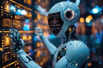 Futuristic Robot Interacting with Digital Interface in High-Tech Environment