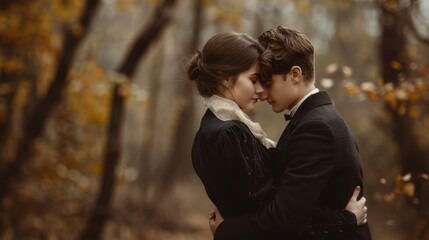 Fototapeta premium Woman embracing young lover in a black elegant suit. Young historical couple embracing in love. Retro vintage historical concept. In the bokeh moody woods background. Elegantly dressed