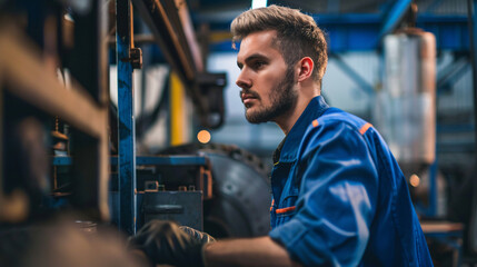 Mechanic in Garage Suit Inspecting Engine with Focus