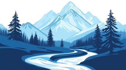 Fototapeta premium Illustration of a mountain range with a river winding through a forest.