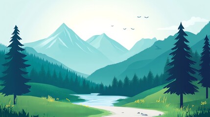 Fototapeta premium A serene mountain landscape with a winding river and lush greenery.