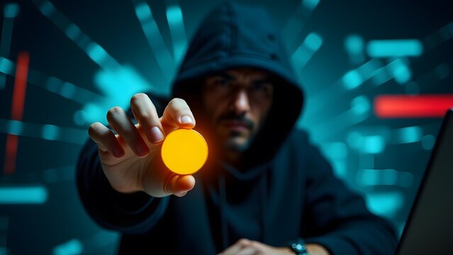 Hooded figures hold glowing yellow buttons, evoking themes of hacking and cybersecurity threats