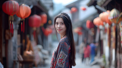 Naklejka premium Young Chinese Model Quaint Village Street