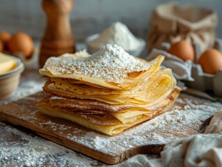 Stack of crepes with powdered sugar on a wooden board