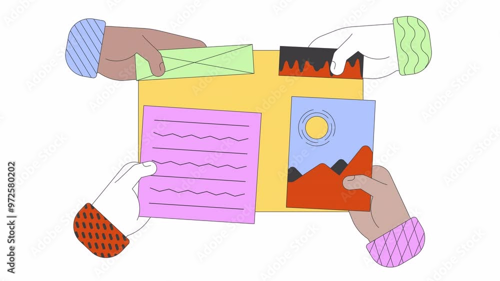 Poster diverse developers hands putting elements onto site wireframe 2d animation. no code platform cartoon
