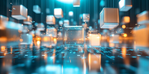 Fototapeta premium Floating 3D cubes and graphs representing data form futuristic digital landscape, glowing with blue and orange lights