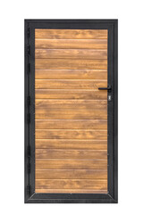 wooden door in metal frame isolated on white background