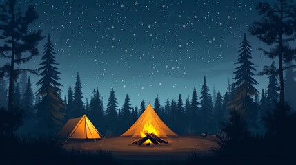 Night time camping scene with two tents and a campfire.