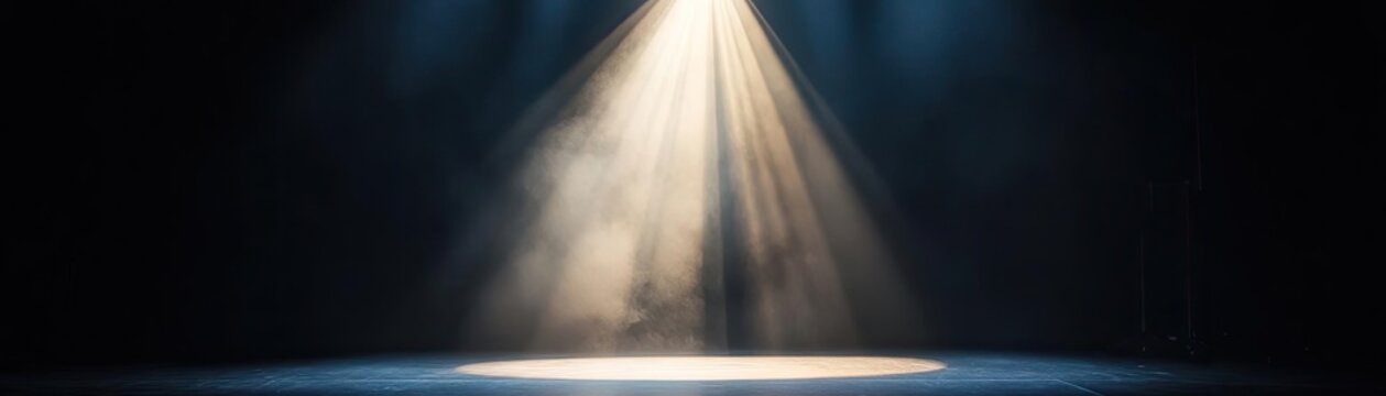 A dramatic spotlight shining on a stage, creating an atmospheric effect with soft lighting and smoke in the background.