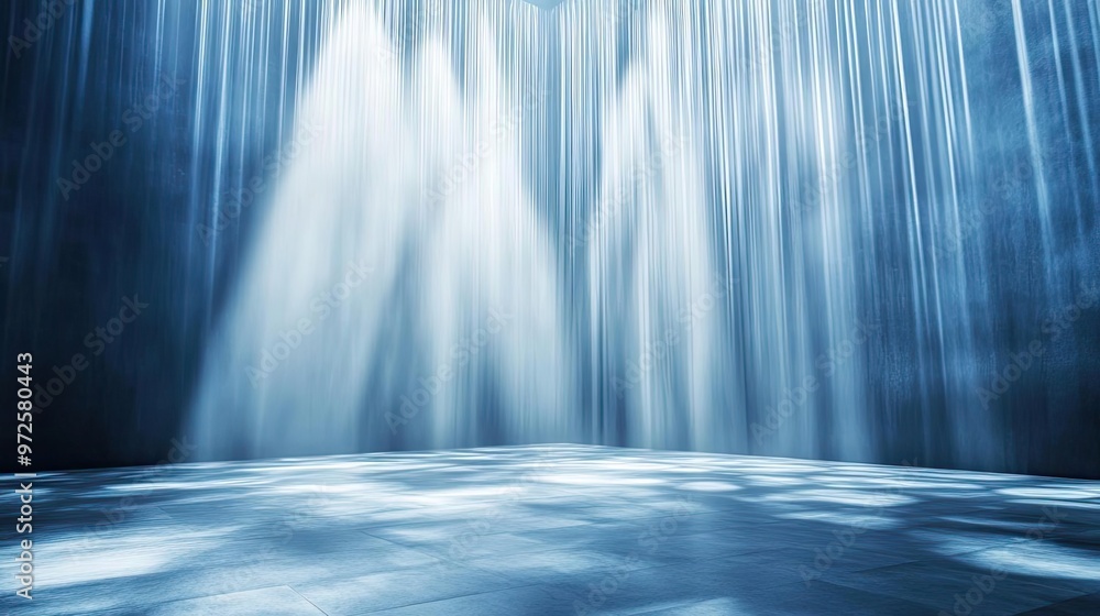 Poster a serene scene of cascading water with soft light beams creating a tranquil atmosphere for relaxatio