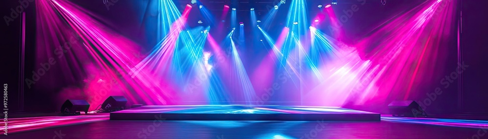Poster vibrant stage lights illuminate an empty performance area, creating a stunning atmosphere for live e