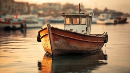 Obraz premium Vibrant Coastal Harbor: A Detailed Snapshot of Wooden Boats and Fishermen in Action